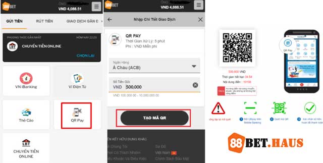 Quy trình gửi tiền tại 188Bet qua QR Pay.