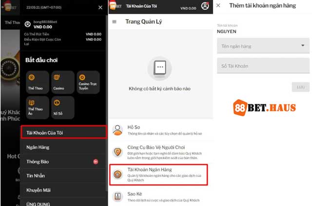 Thêm tài khoản ngân hàng khi thực hiện rút tiền 188bet lần đầu.